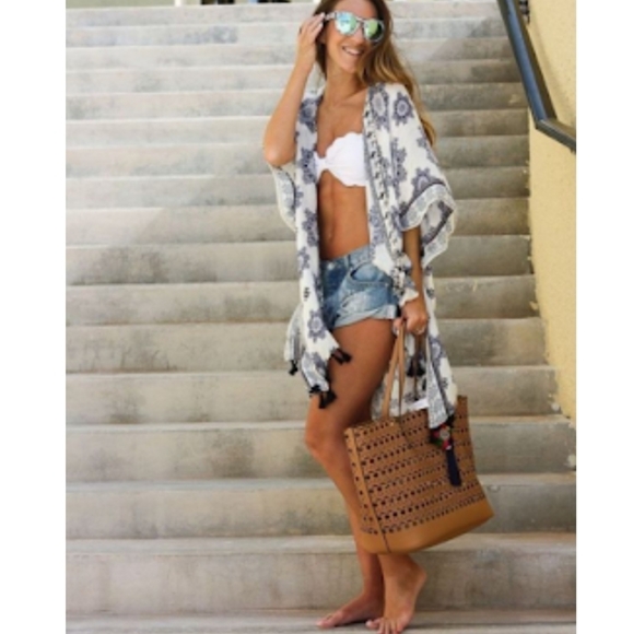 Max Studio Tops - Max Studio Blue/Tan Pasley Kimono Top Sz M